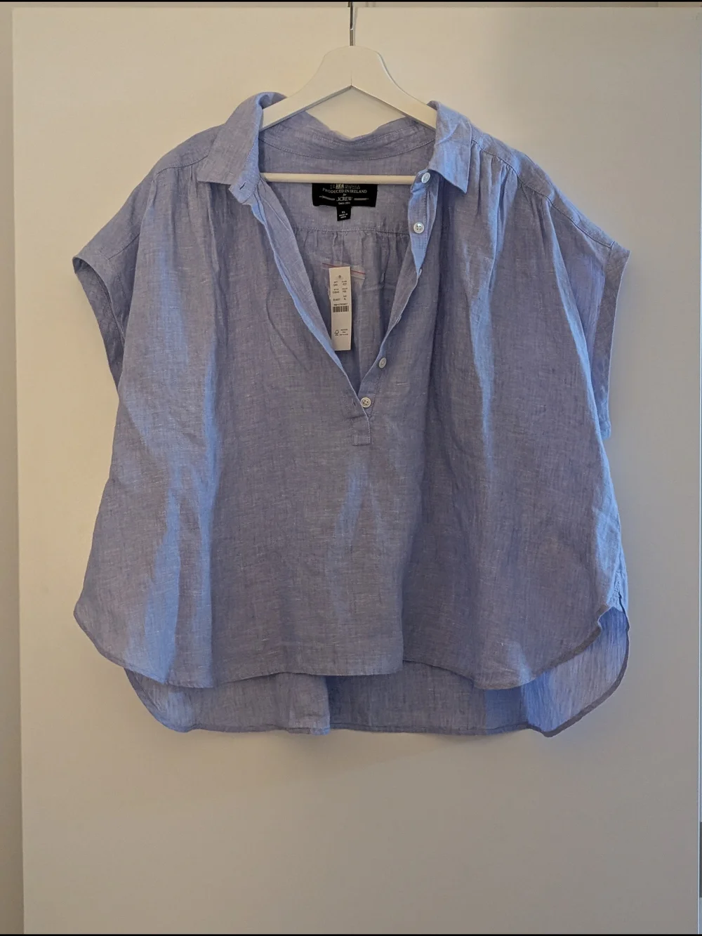 J Crew Blue Linen Split-Neck Cap-Sleeve Top